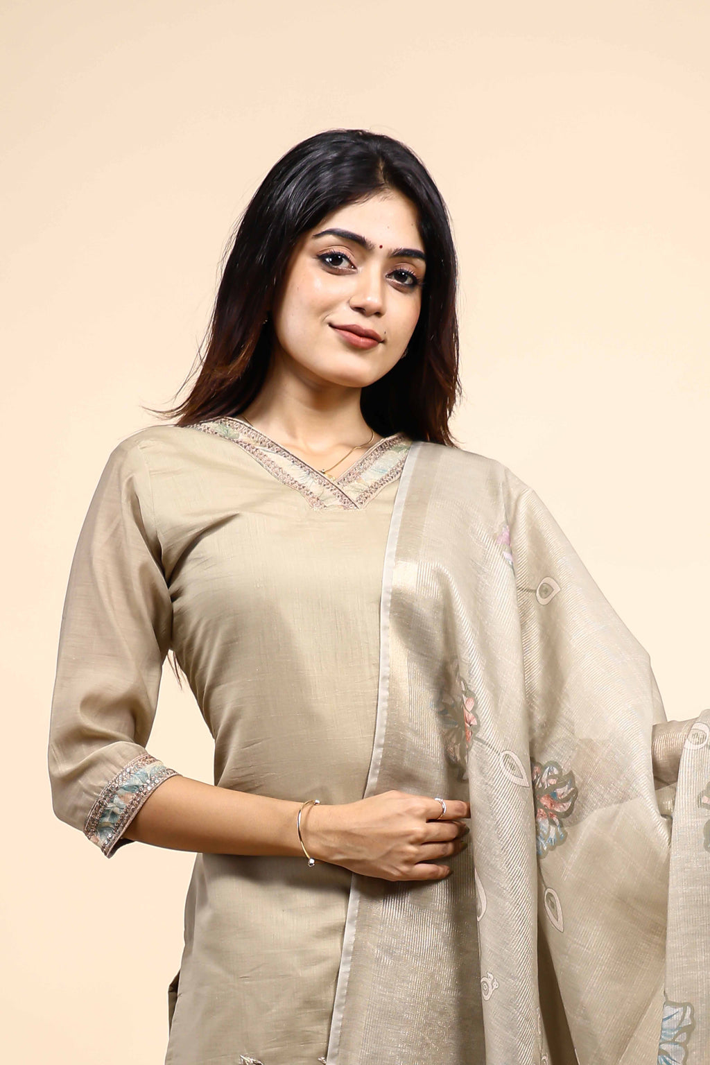 Beige Floral Embroidered Straight Kurta Set with Sheer Printed Dupatta