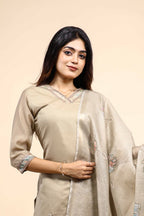 Beige Floral Embroidered Straight Kurta Set with Sheer Printed Dupatta