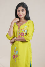Lime Green Embroidered Straight Kurti with Floral Motifs single piece