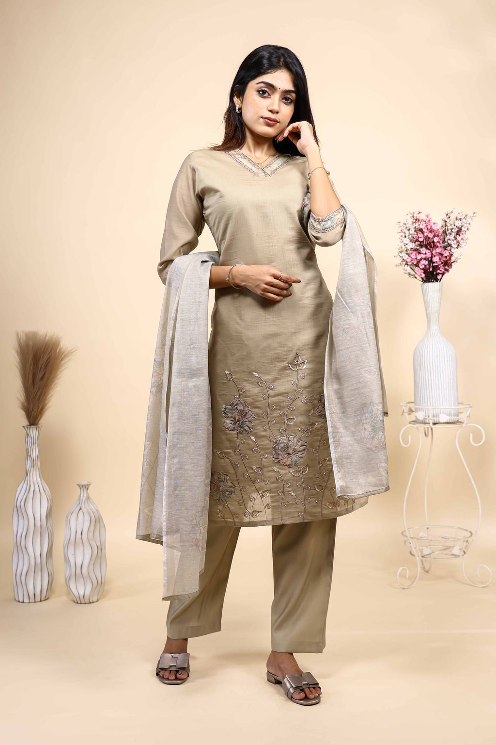 Beige Floral Embroidered Straight Kurta Set with Sheer Printed Dupatta