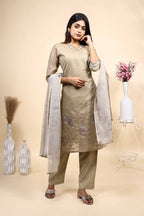 Beige Floral Embroidered Straight Kurta Set with Sheer Printed Dupatta