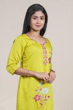 Lime Green Embroidered Straight Kurti with Floral Motifs single piece