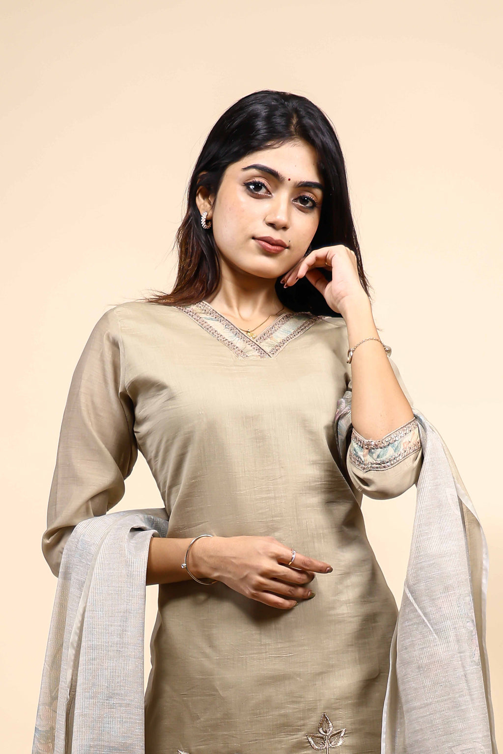 Beige Floral Embroidered Straight Kurta Set with Sheer Printed Dupatta
