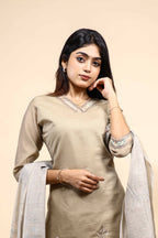 Beige Floral Embroidered Straight Kurta Set with Sheer Printed Dupatta