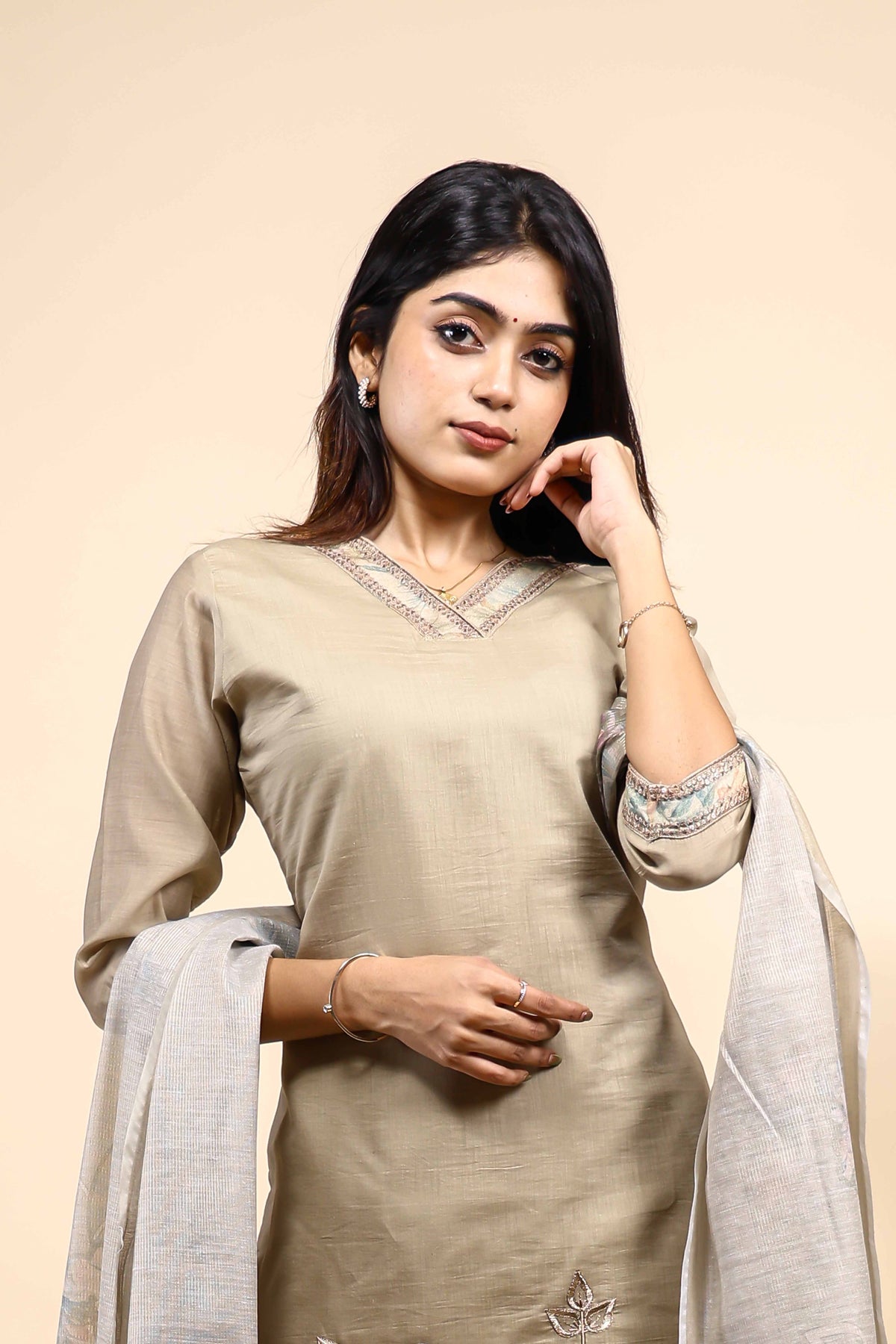 Beige Floral Embroidered Straight Kurta Set with Sheer Printed Dupatta