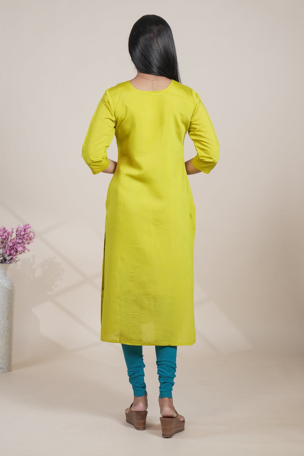 Lime Green Embroidered Straight Kurti with Floral Motifs single piece