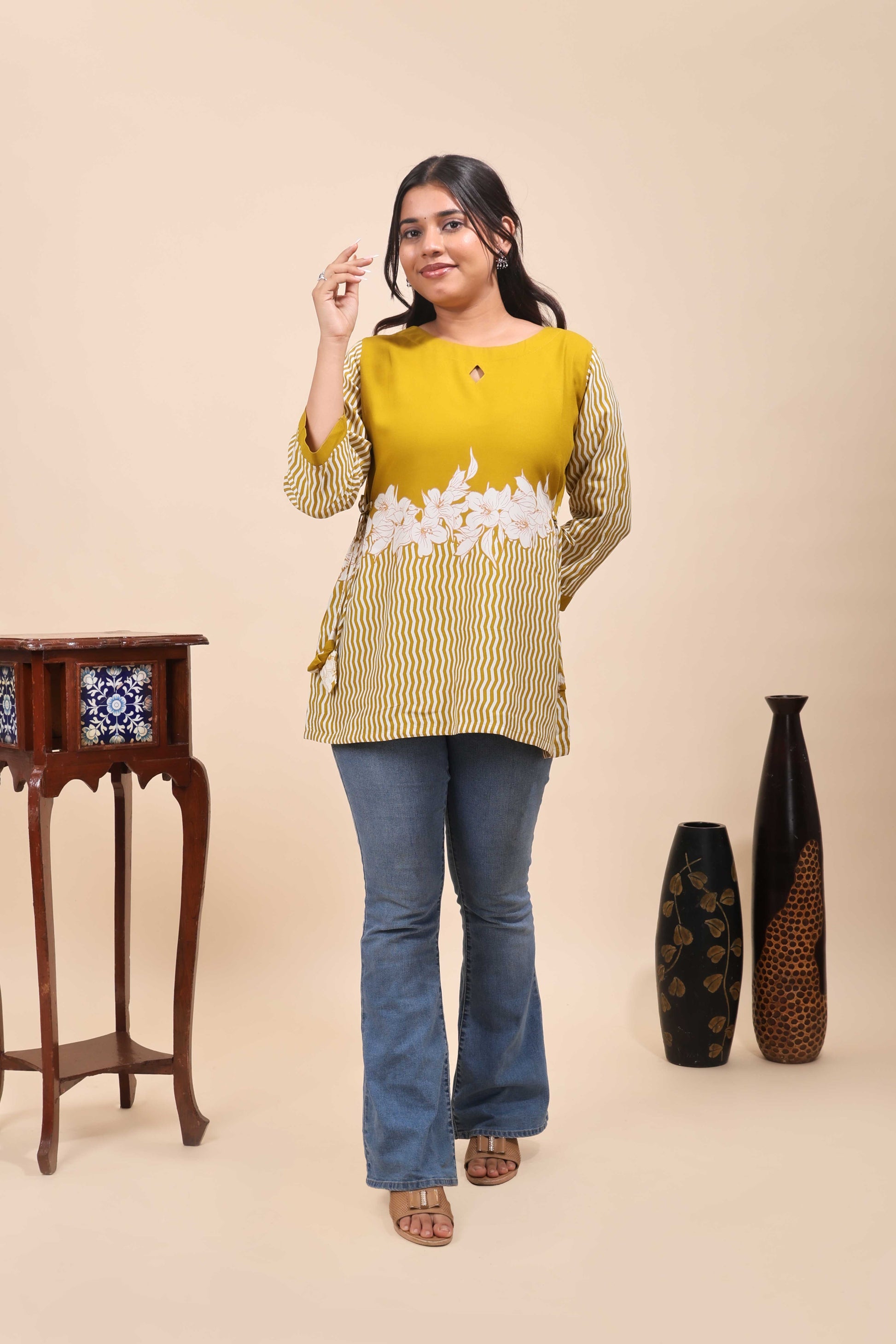 Mustard Yellow Geometric & Floral Casual Wear Tunic