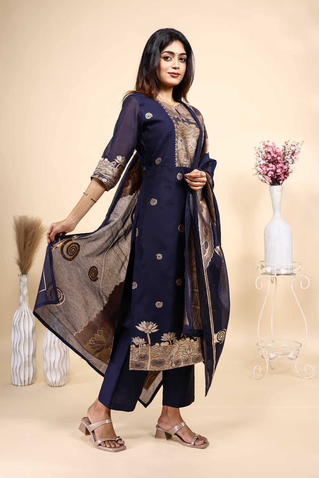 Navy Blue Printed Kurta Set with Matching Dupatta 3 Piece set