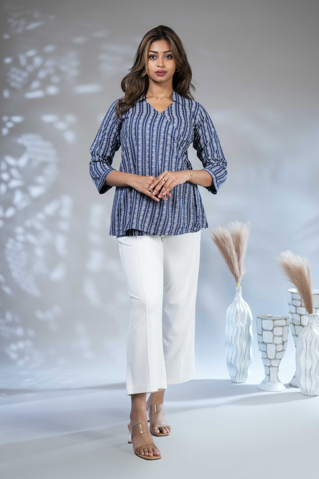 Indigo Blue Floral Striped Rayon Wrap short Top