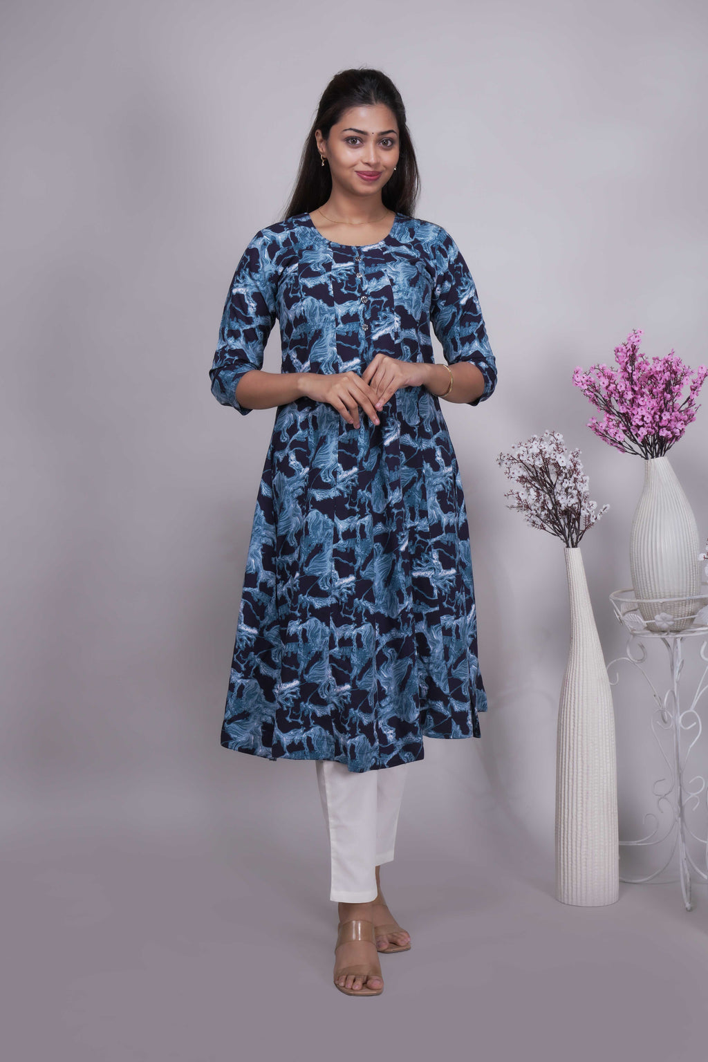 Women's Indigo Abstract Printed A-Line Kurta