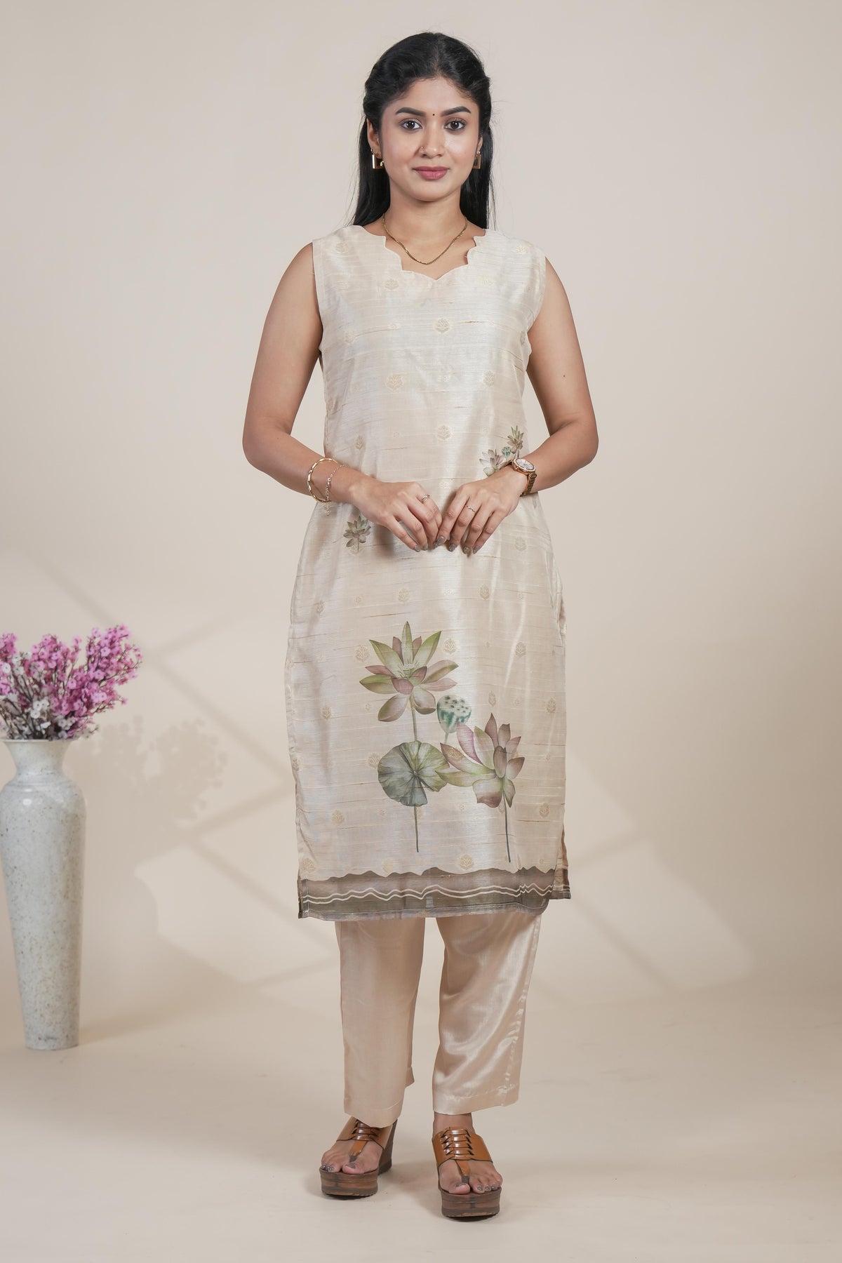 Elegant Beige Jacquard butti Floral Printed Kurta Set with Dupatta