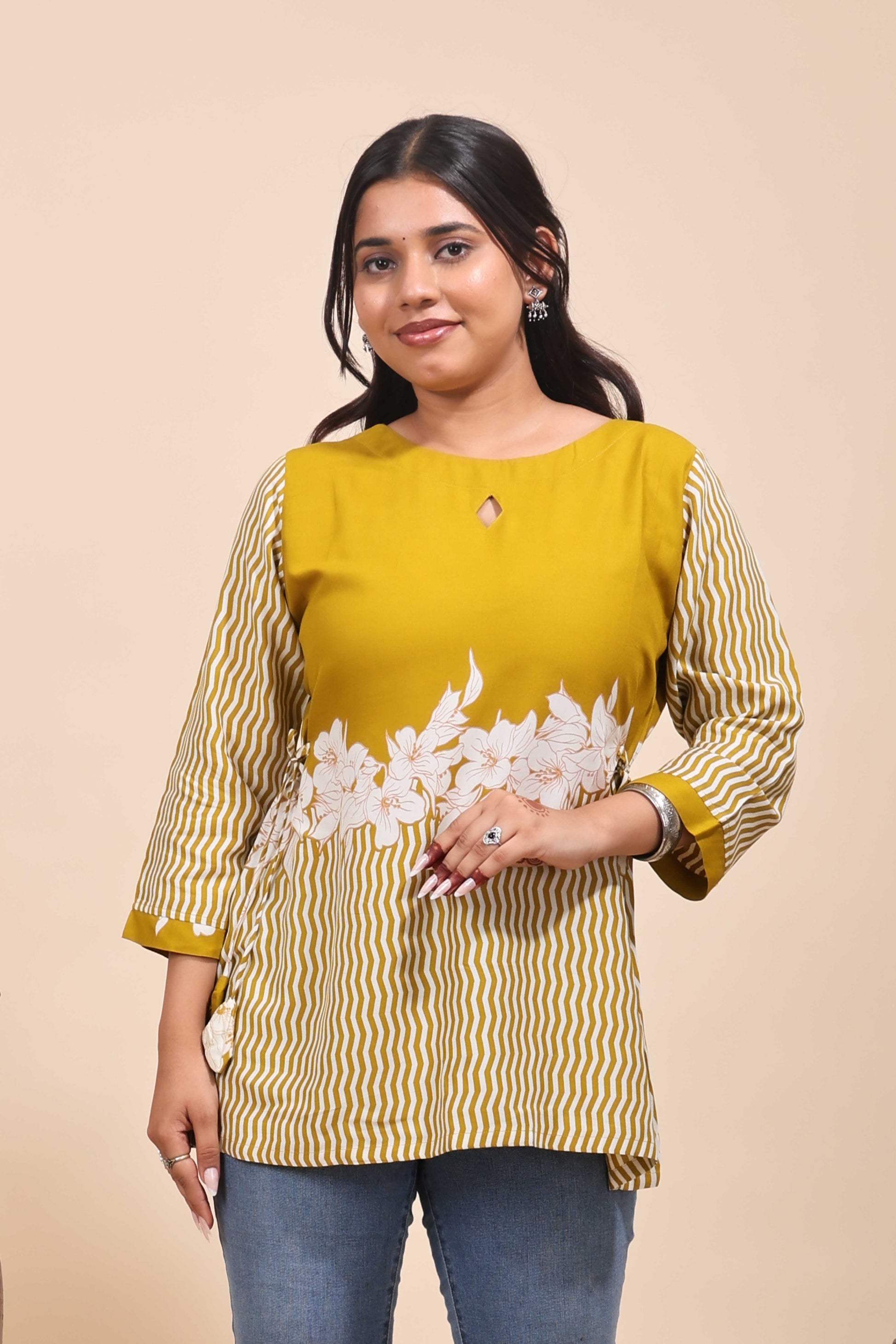 Mustard Yellow Geometric & Floral Casual Wear Tunic