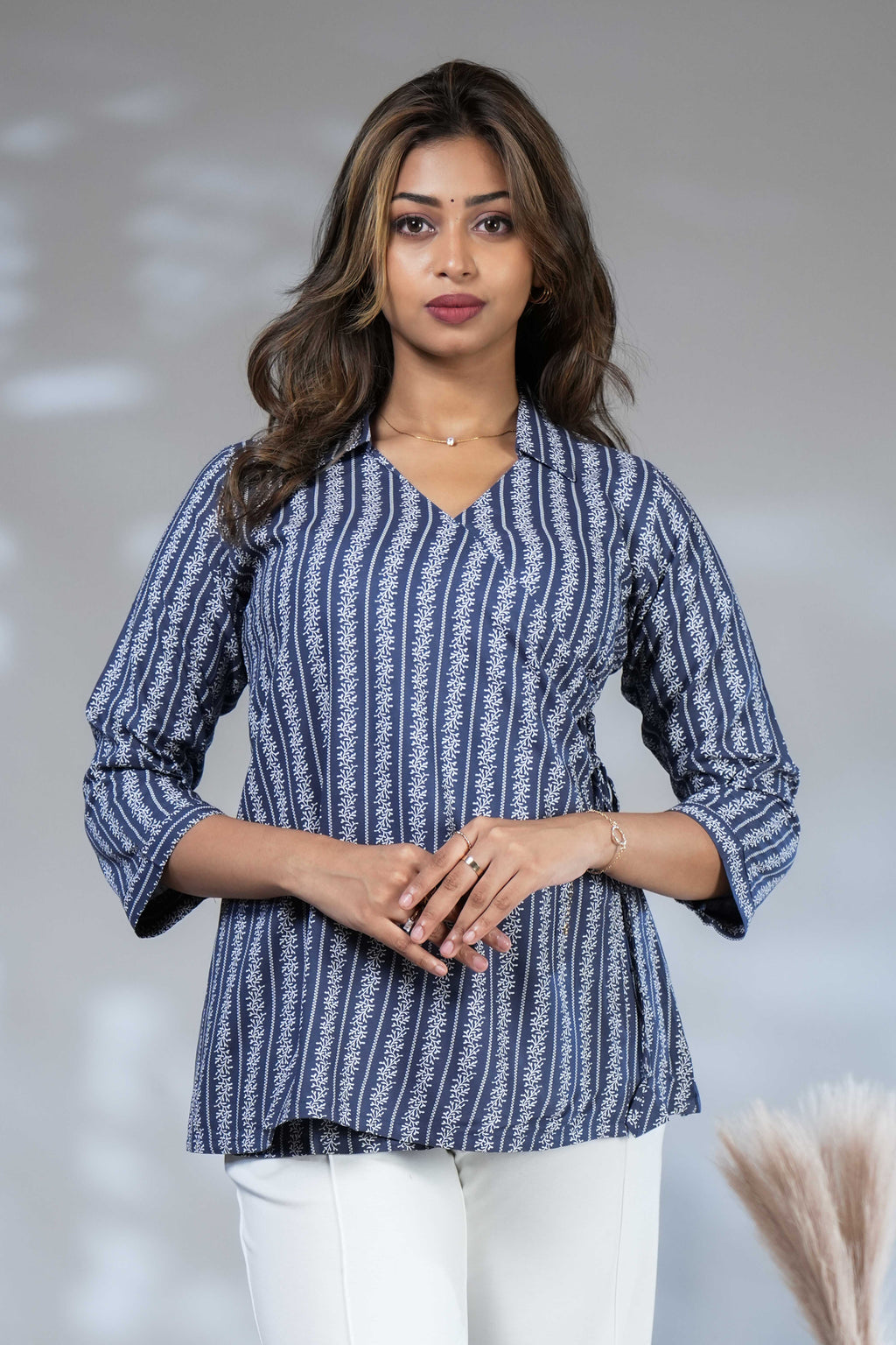 Indigo Blue Floral Striped Rayon Wrap short Top