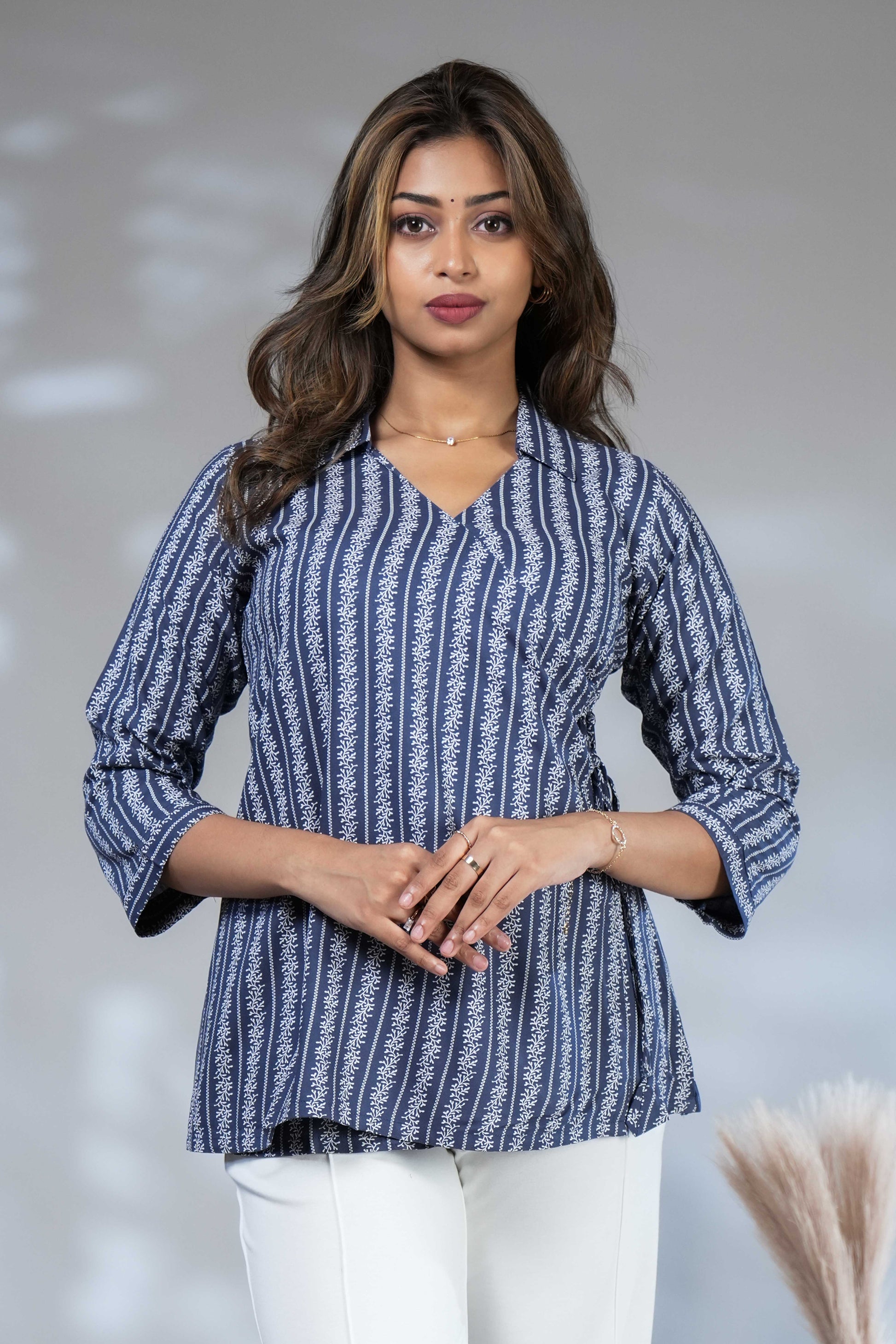 Indigo Blue Floral Striped Rayon Wrap short Top