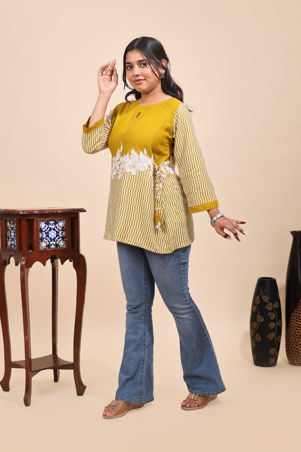 Mustard Yellow Geometric & Floral Casual Wear Tunic