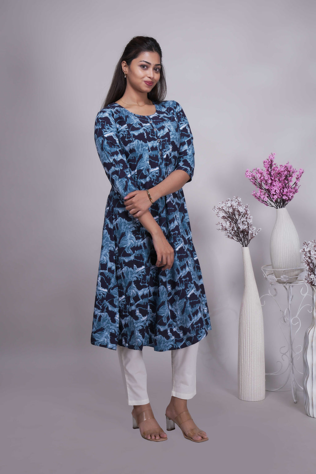Women's Indigo Abstract Printed A-Line Kurta
