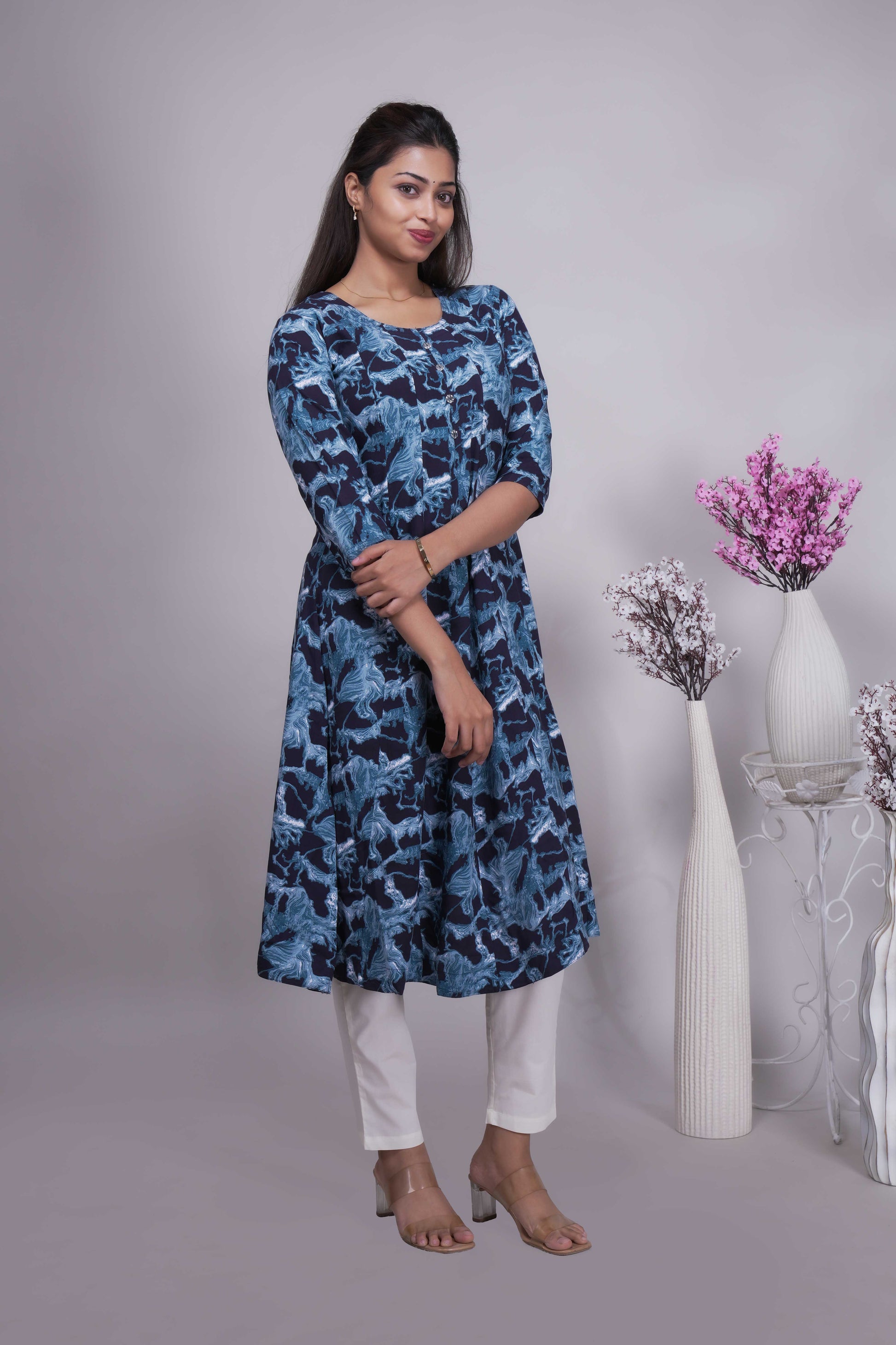Women's Indigo Abstract Printed A-Line Kurta