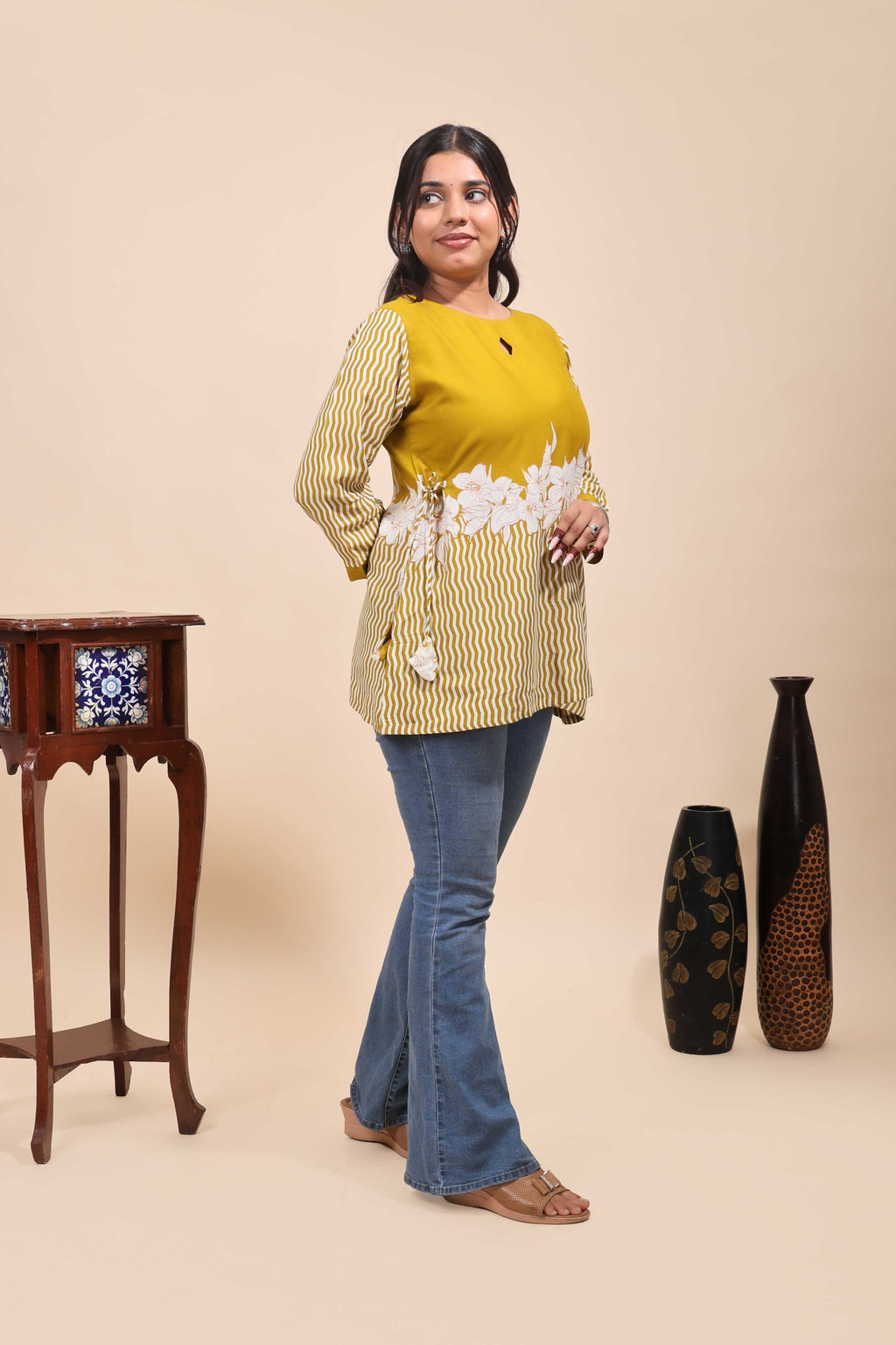 Mustard Yellow Geometric & Floral Casual Wear Tunic