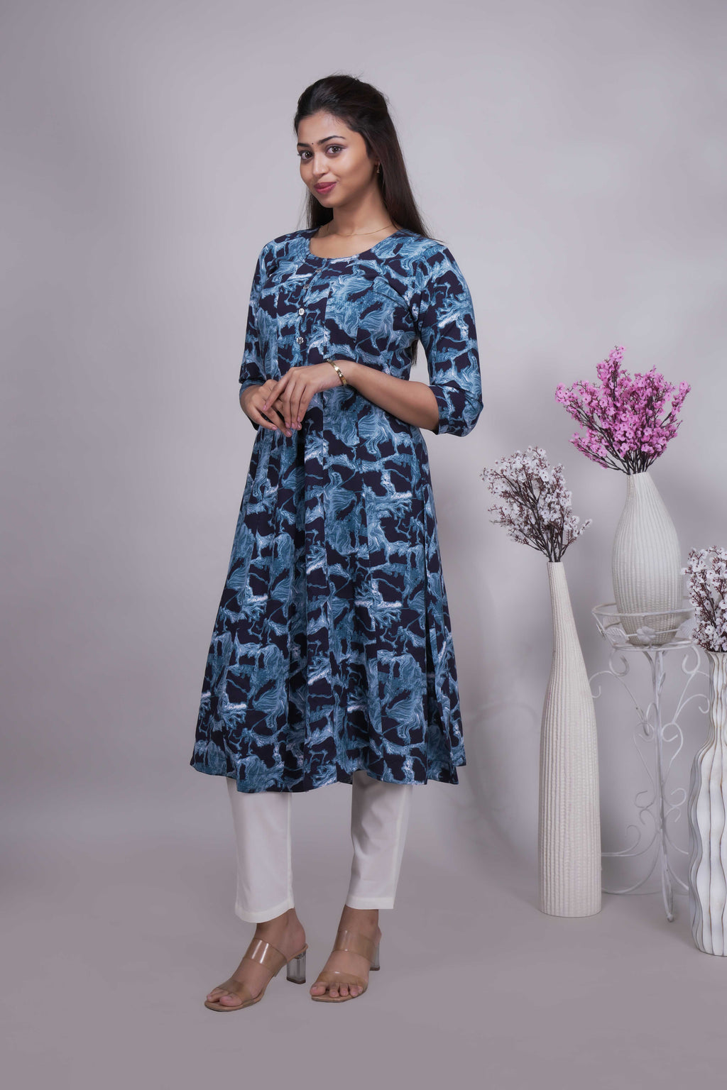 Women's Indigo Abstract Printed A-Line Kurta