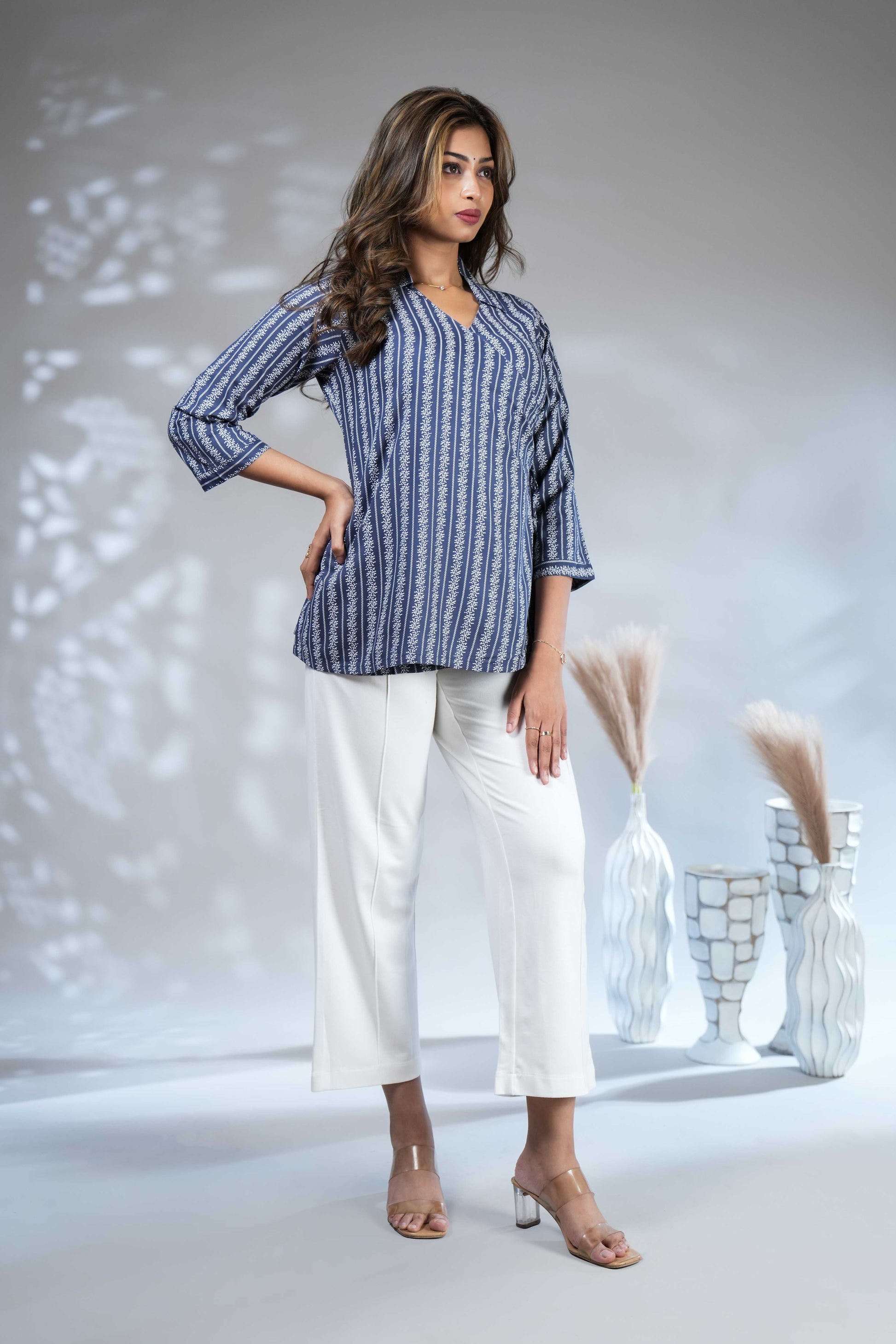 Indigo Blue Floral Striped Rayon Wrap short Top