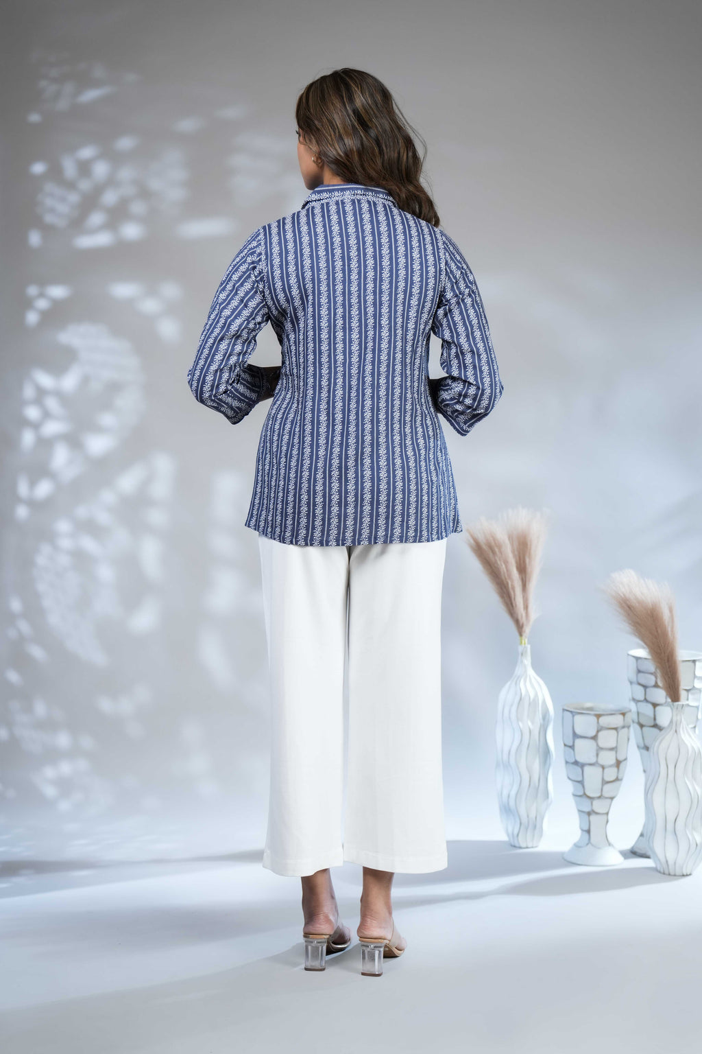 Indigo Blue Floral Striped Rayon Wrap short Top