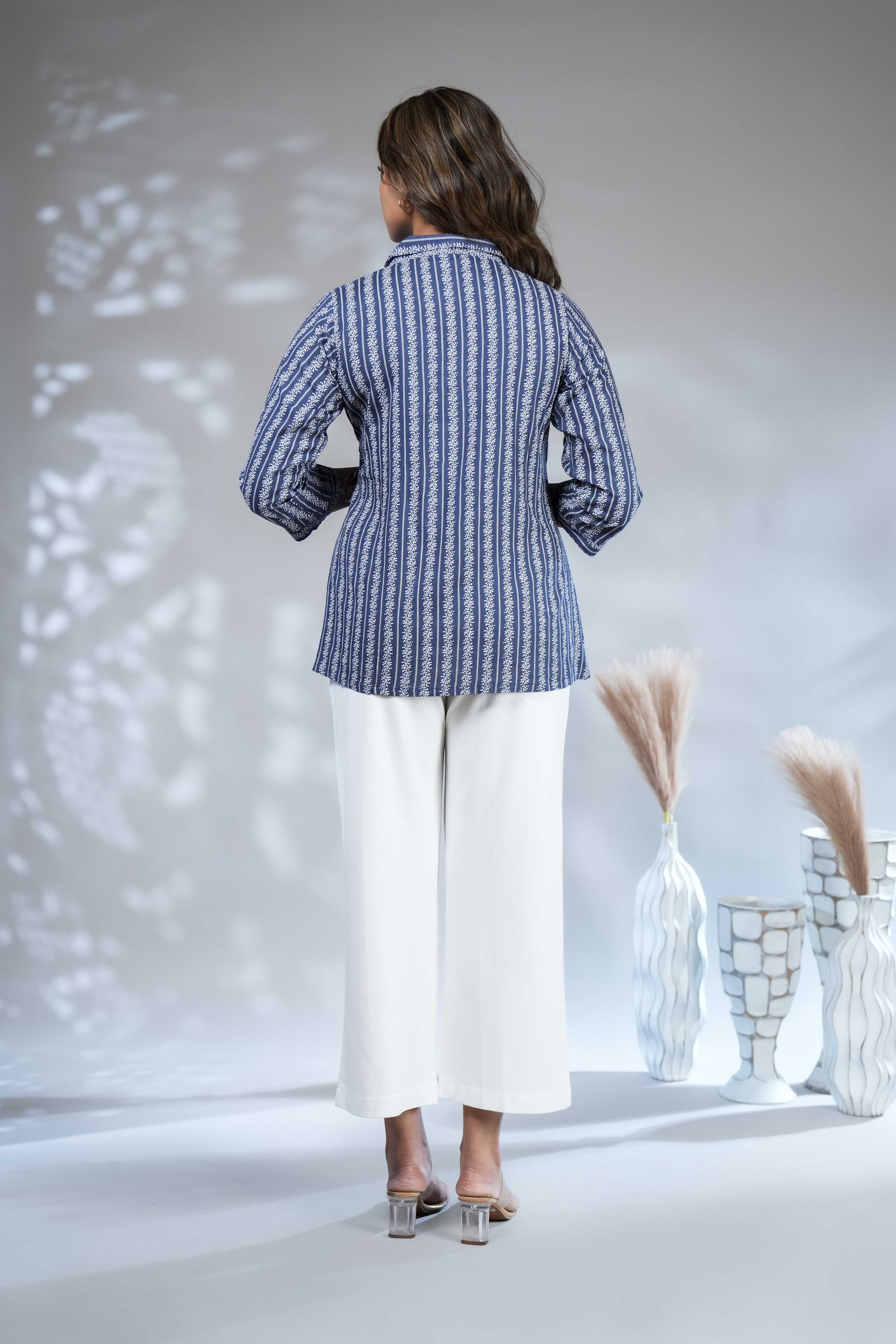 Indigo Blue Floral Striped Rayon Wrap short Top