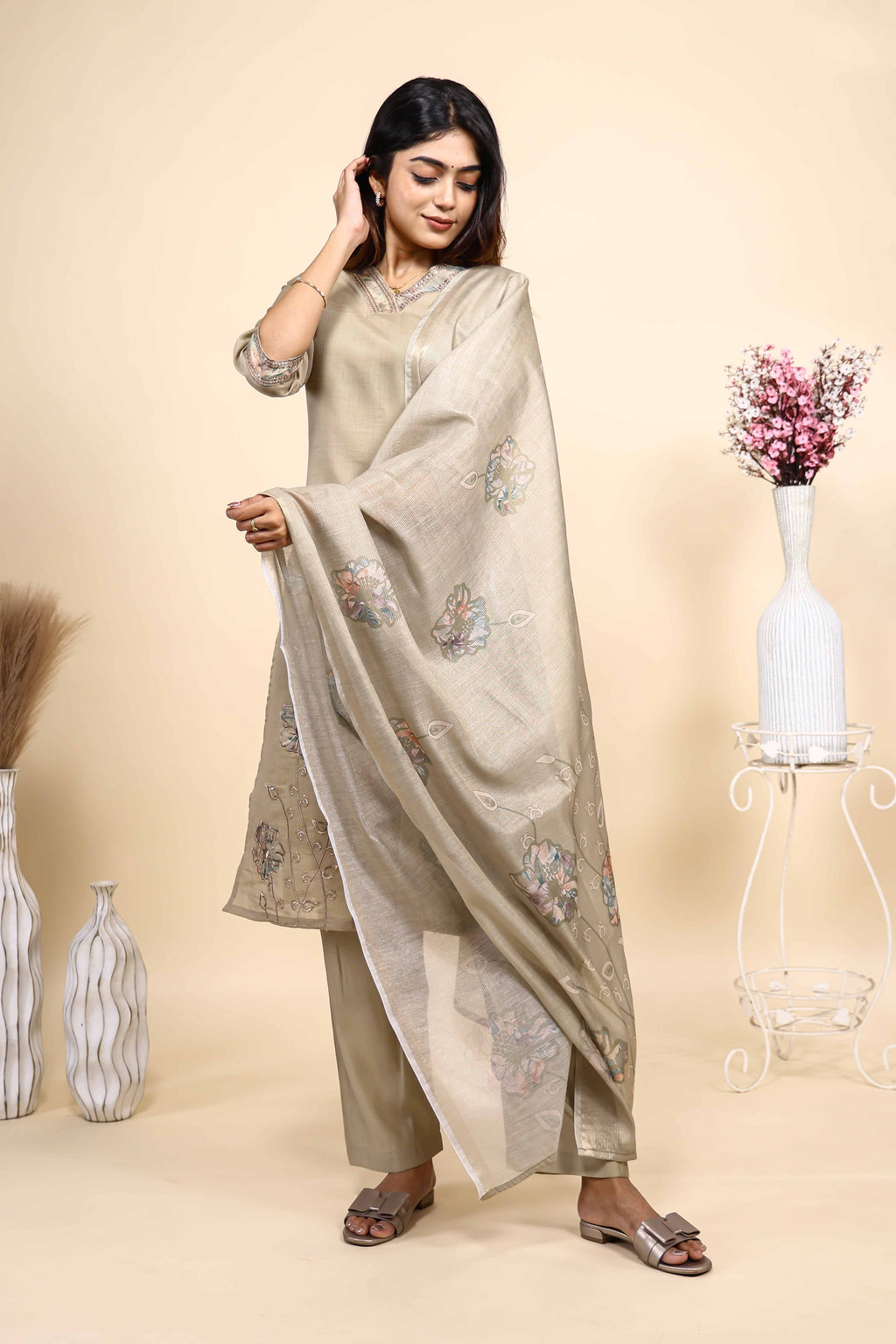 Beige Floral Embroidered Straight Kurta Set with Sheer Printed Dupatta