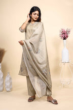 Beige Floral Embroidered Straight Kurta Set with Sheer Printed Dupatta