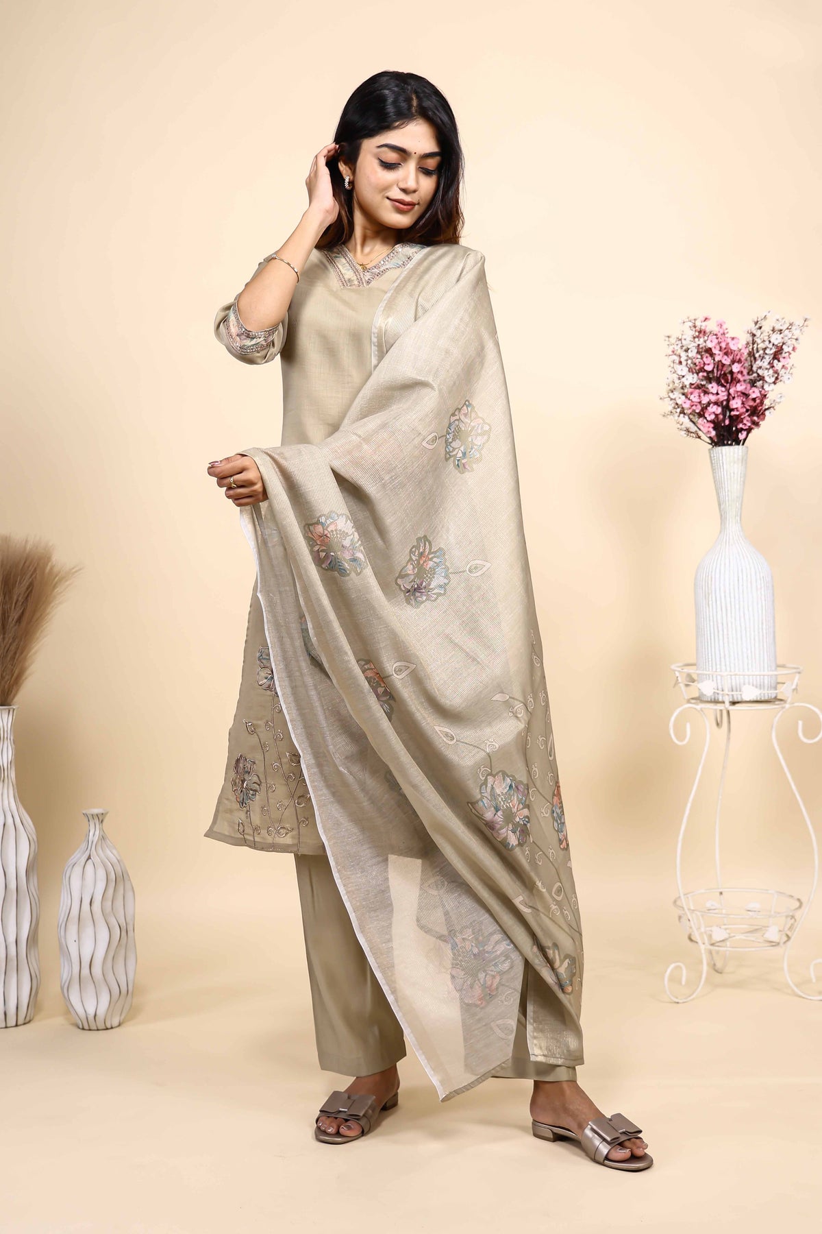 Beige Floral Embroidered Straight Kurta Set with Sheer Printed Dupatta