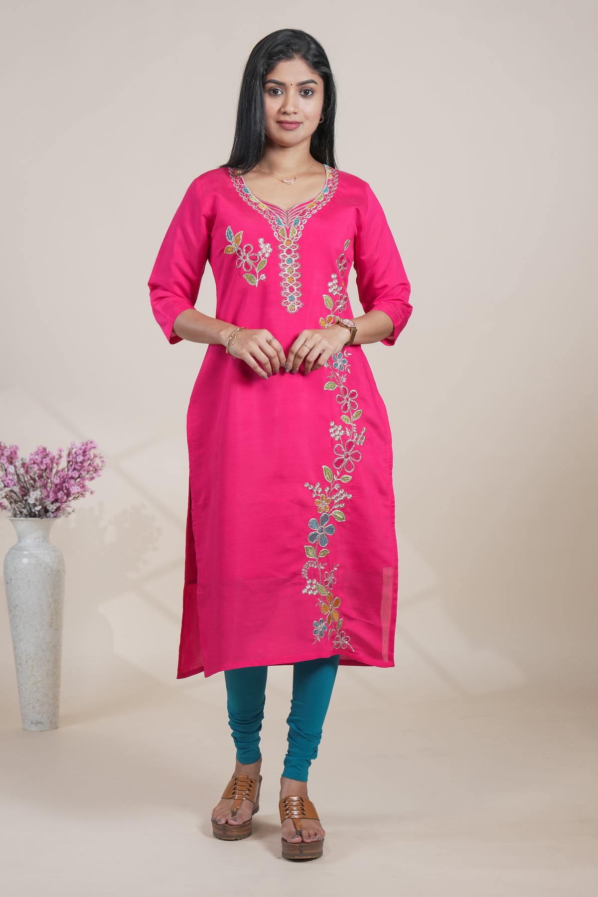 Vibrant Pink Straight Kurti featuring intricate floral embroidery open top single piece