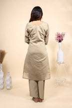 Beige Floral Embroidered Straight Kurta Set with Sheer Printed Dupatta