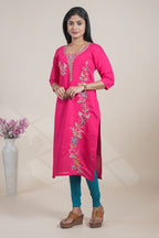 Vibrant Pink Straight Kurti featuring intricate floral embroidery open top single piece