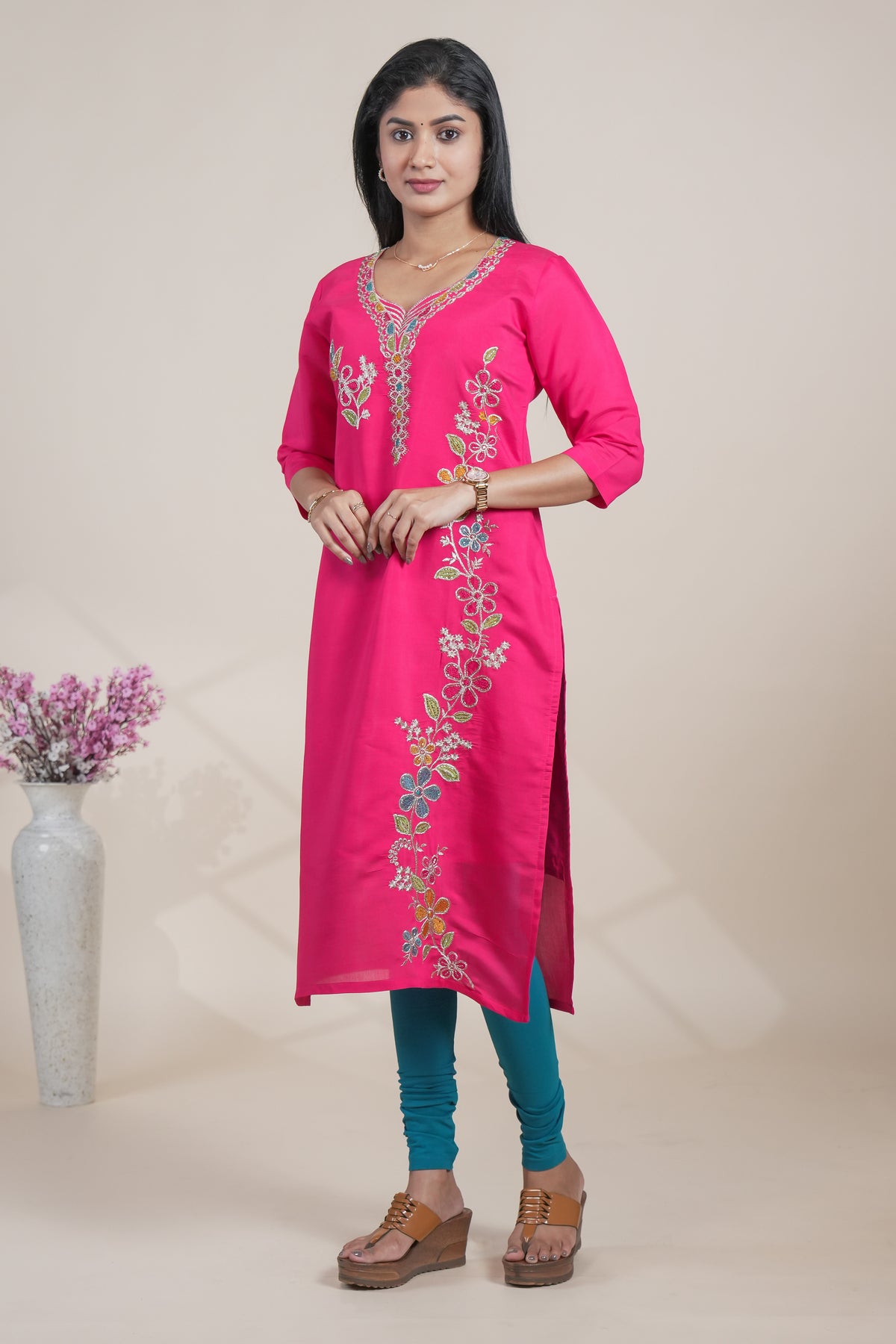 Vibrant Pink Straight Kurti featuring intricate floral embroidery open top single piece