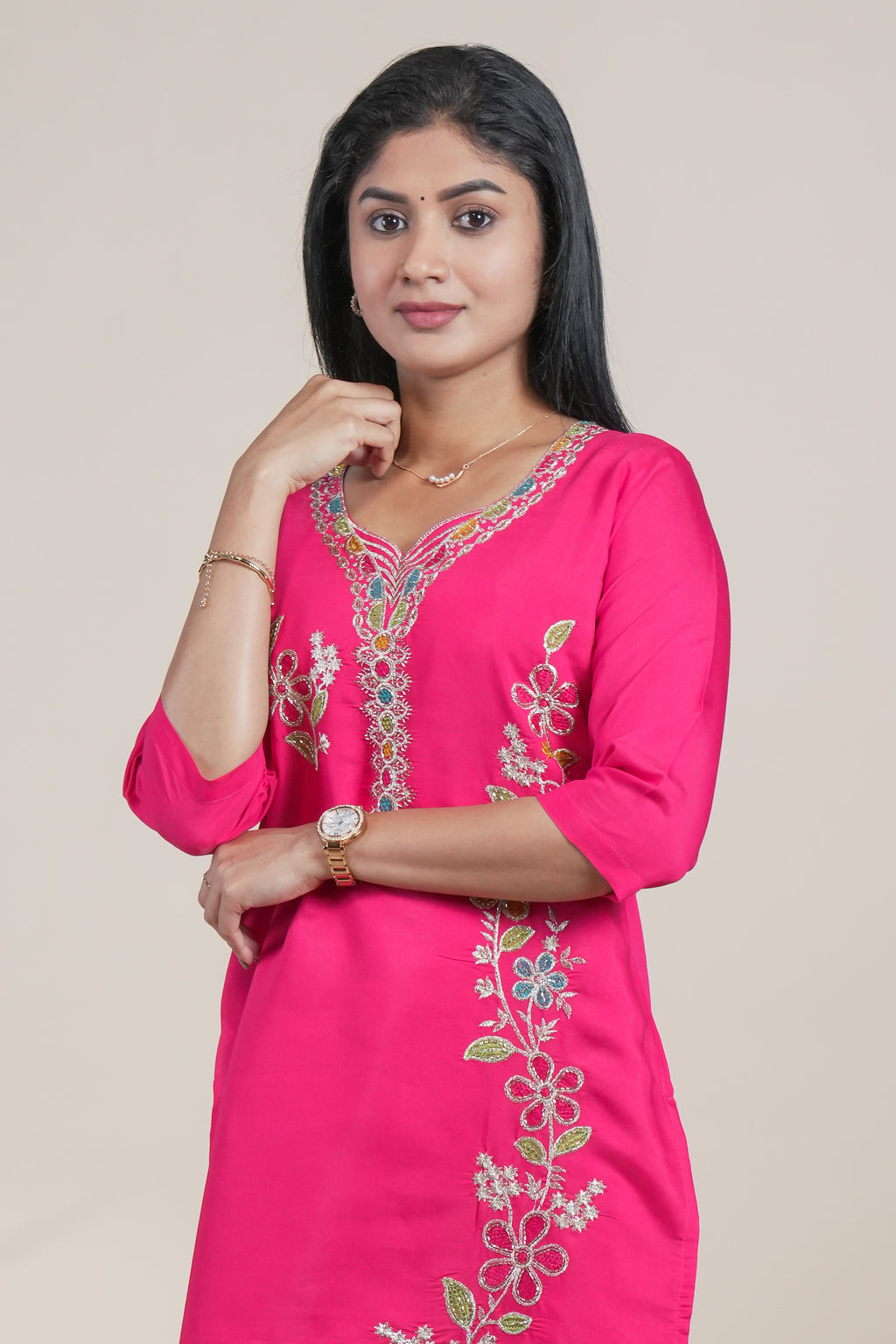 Vibrant Pink Straight Kurti featuring intricate floral embroidery open top single piece