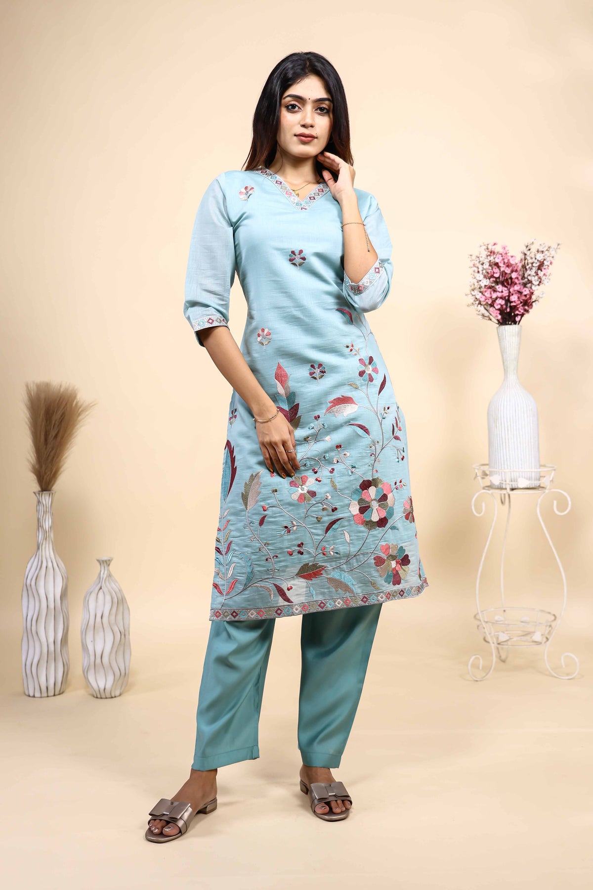 Sky Blue Floral Embroidered Kurta Set with Dupatta