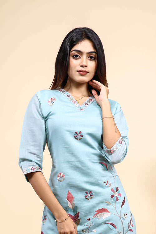 Sky Blue Floral Embroidered Kurta Set with Dupatta