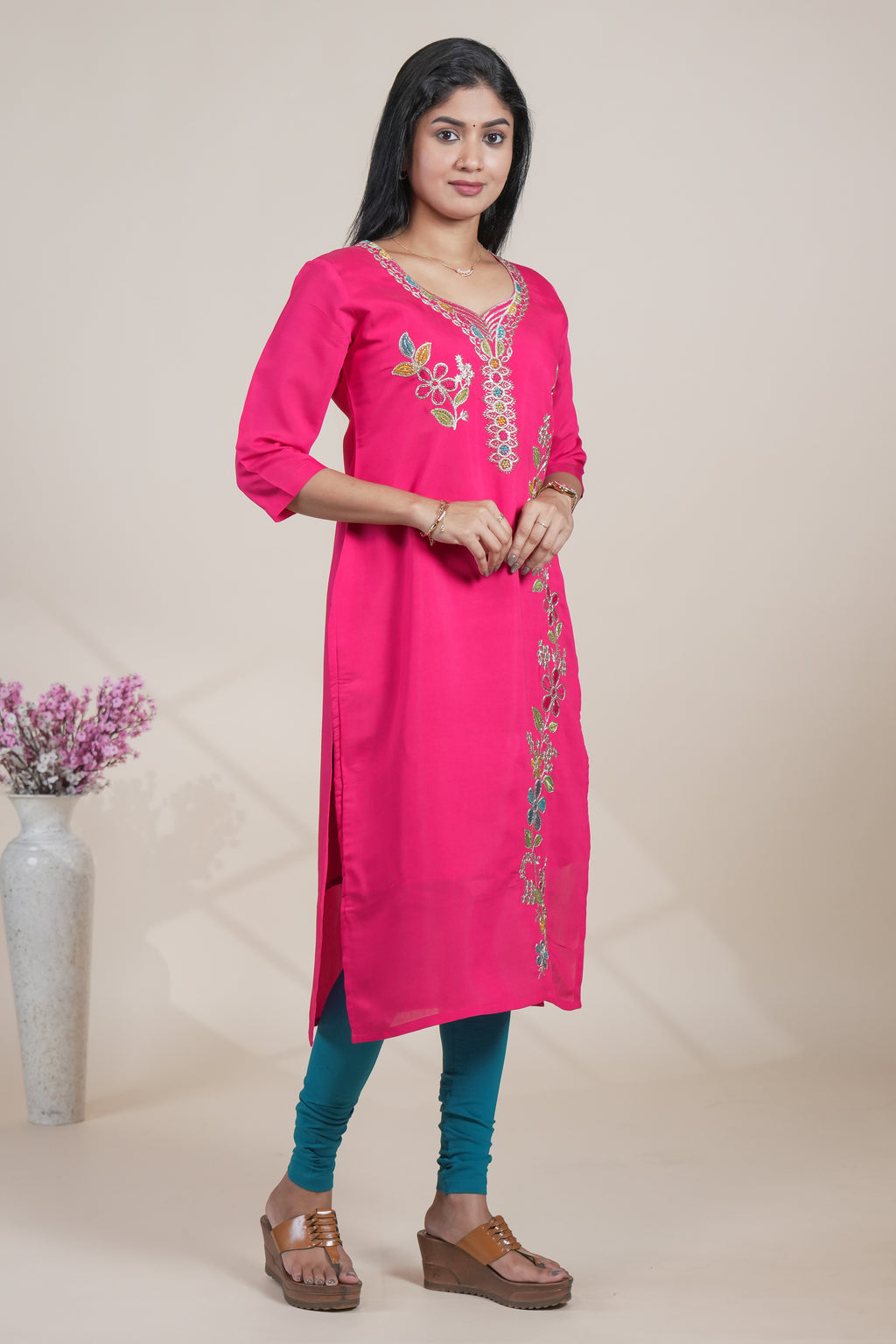 Vibrant Pink Straight Kurti featuring intricate floral embroidery open top single piece