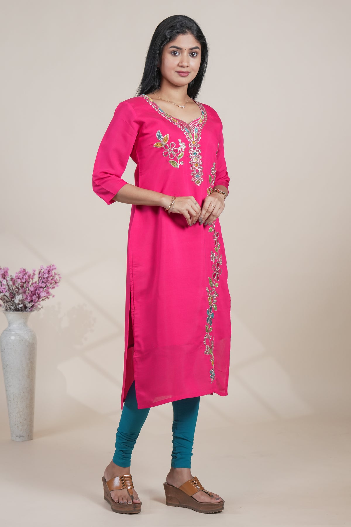 Vibrant Pink Straight Kurti featuring intricate floral embroidery open top single piece