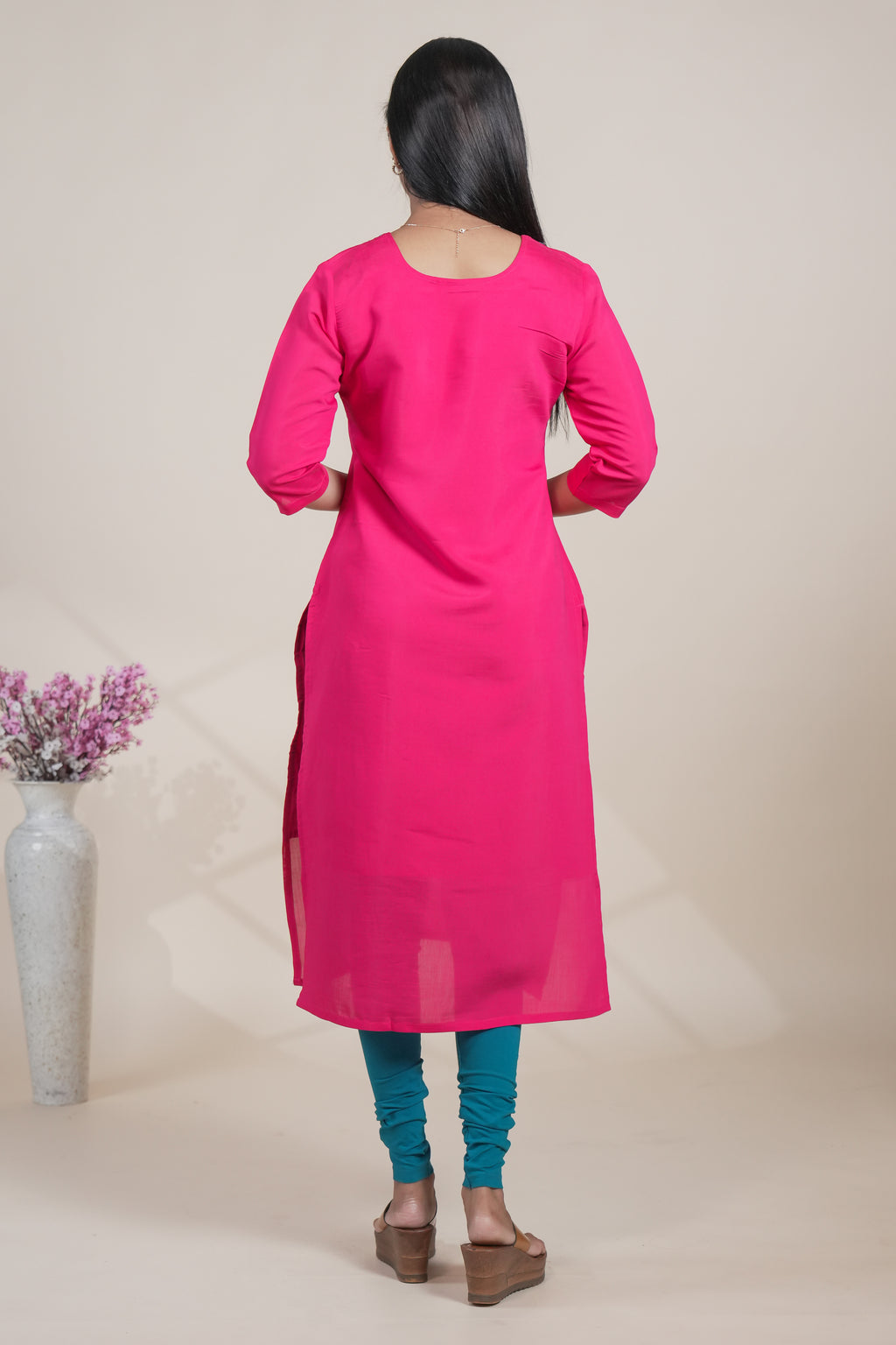 Vibrant Pink Straight Kurti featuring intricate floral embroidery open top single piece