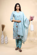 Sky Blue Floral Embroidered Kurta Set with Dupatta