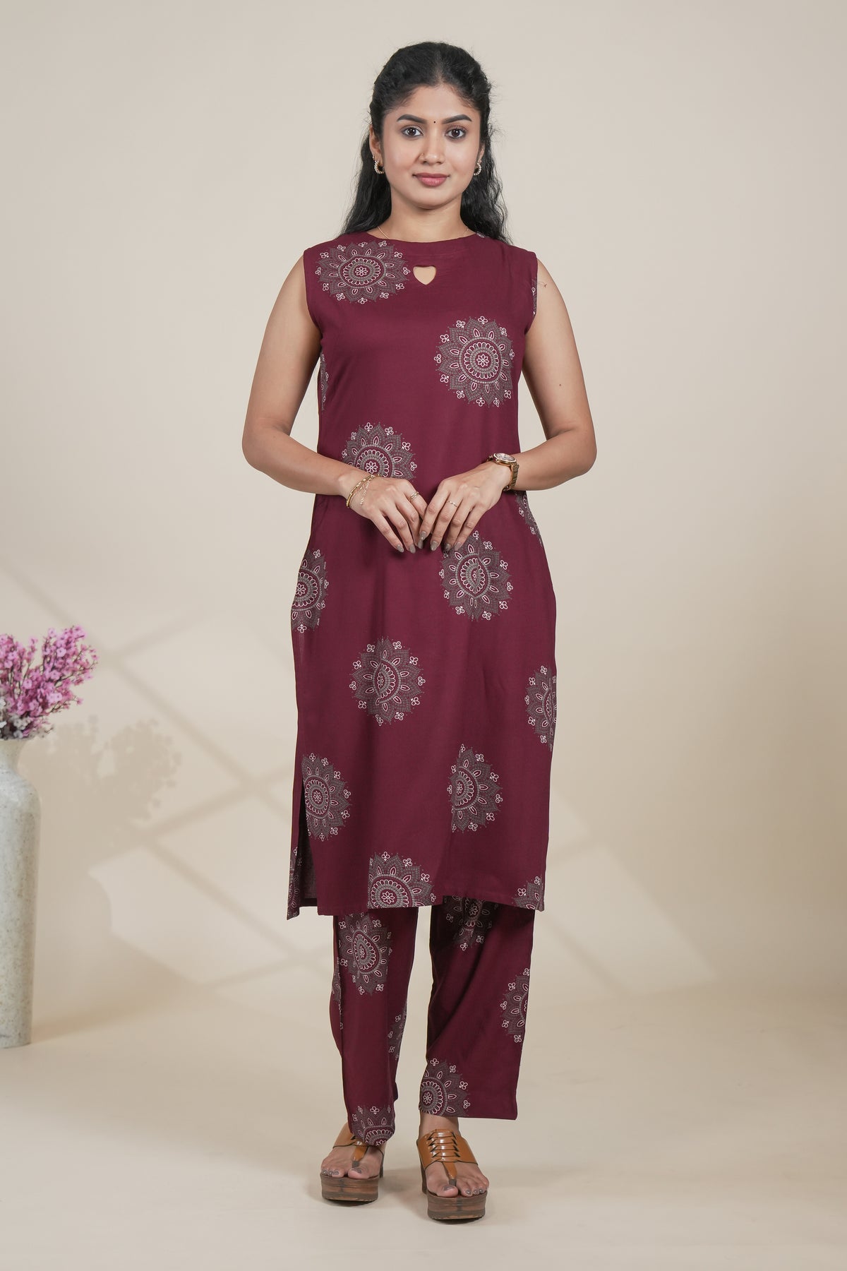 Maroon Printed Straight Kurta with Matching Pants set