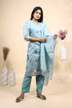 Sky Blue Floral Embroidered Kurta Set with Dupatta