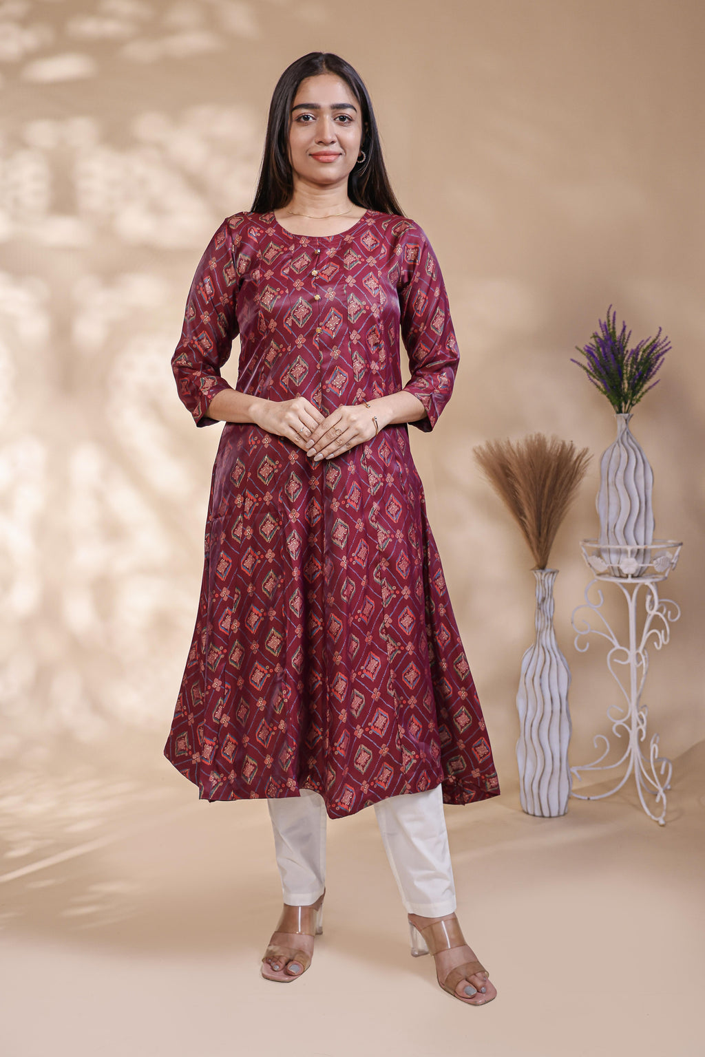 Maroon Geometric Printed Art Silk A-Line Kurta umbrella top