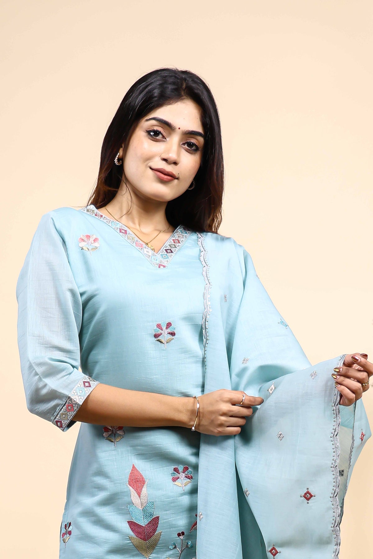 Sky Blue Floral Embroidered Kurta Set with Dupatta