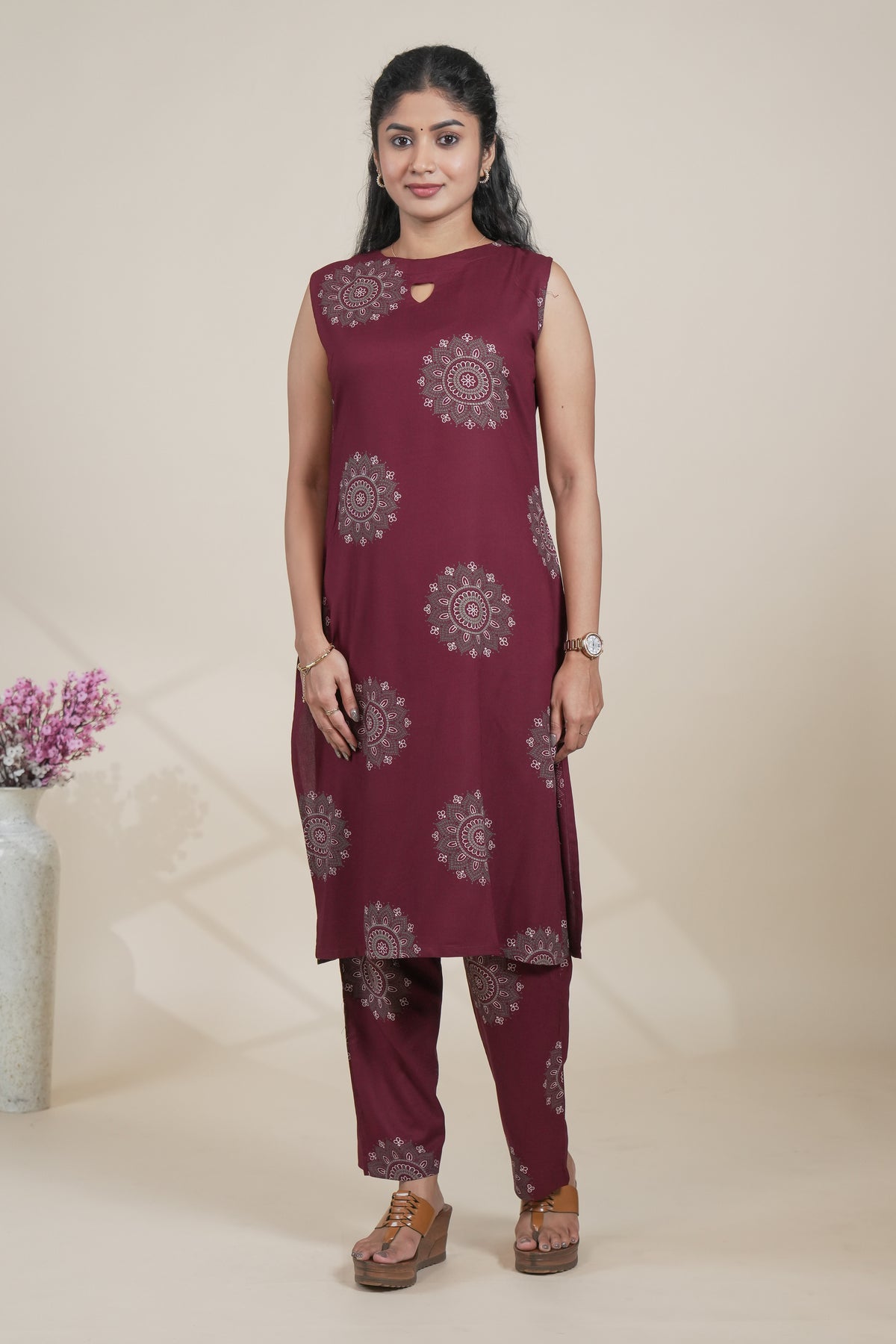 Maroon Printed Straight Kurta with Matching Pants set