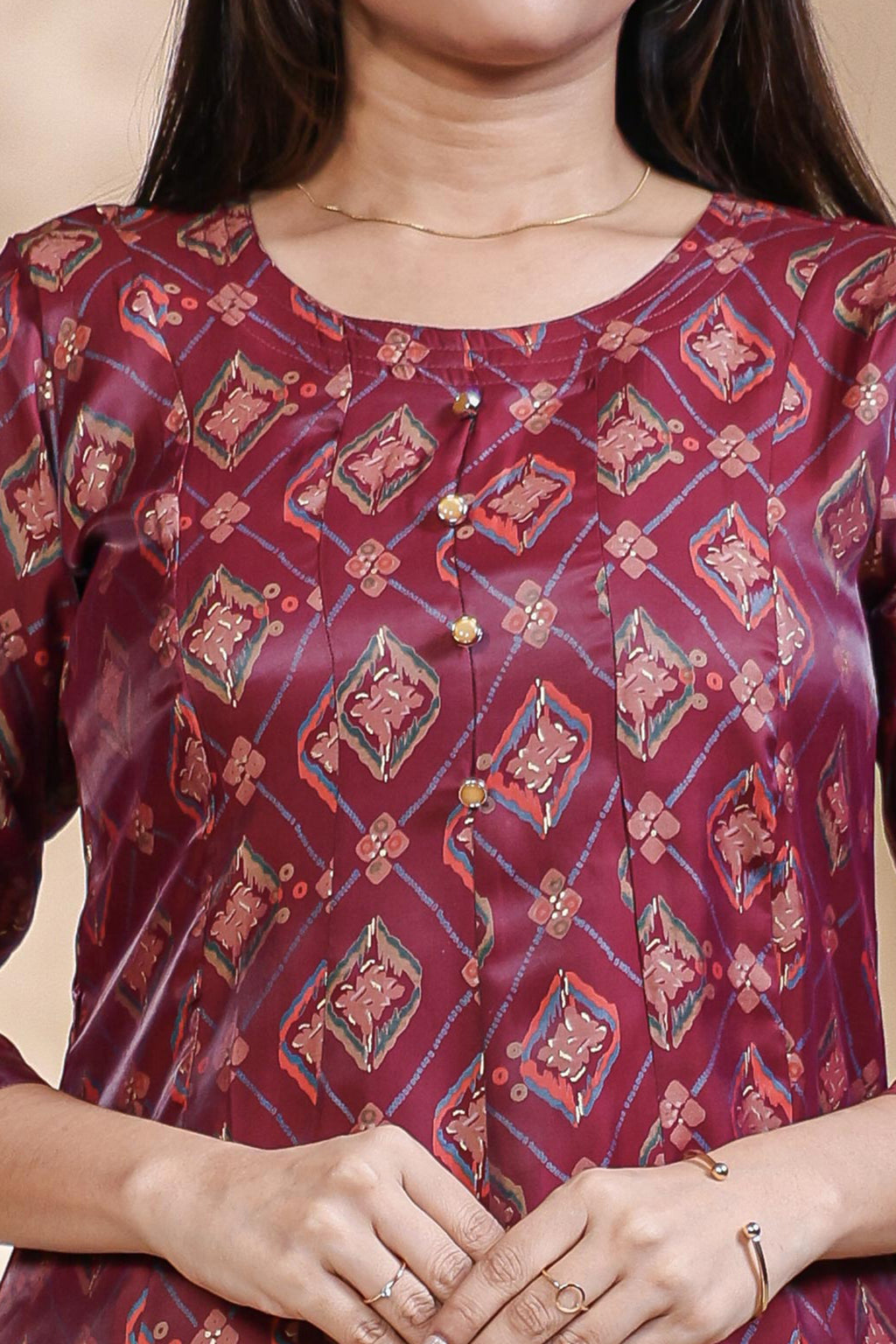 Maroon Geometric Printed Art Silk A-Line Kurta umbrella top