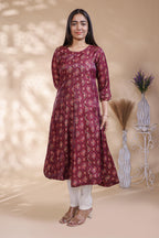 Maroon Geometric Printed Art Silk A-Line Kurta umbrella top