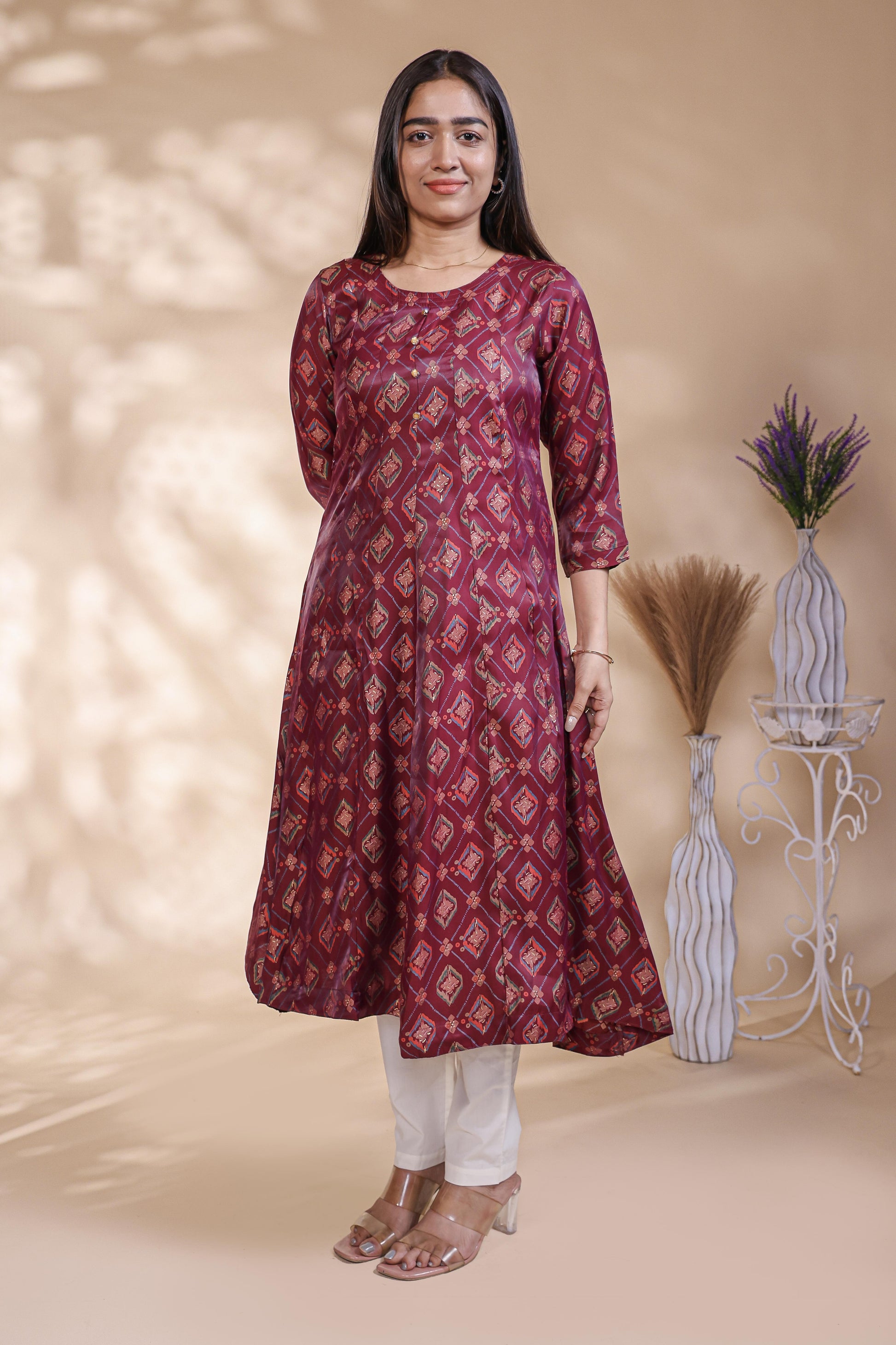 Maroon Geometric Printed Art Silk A-Line Kurta umbrella top