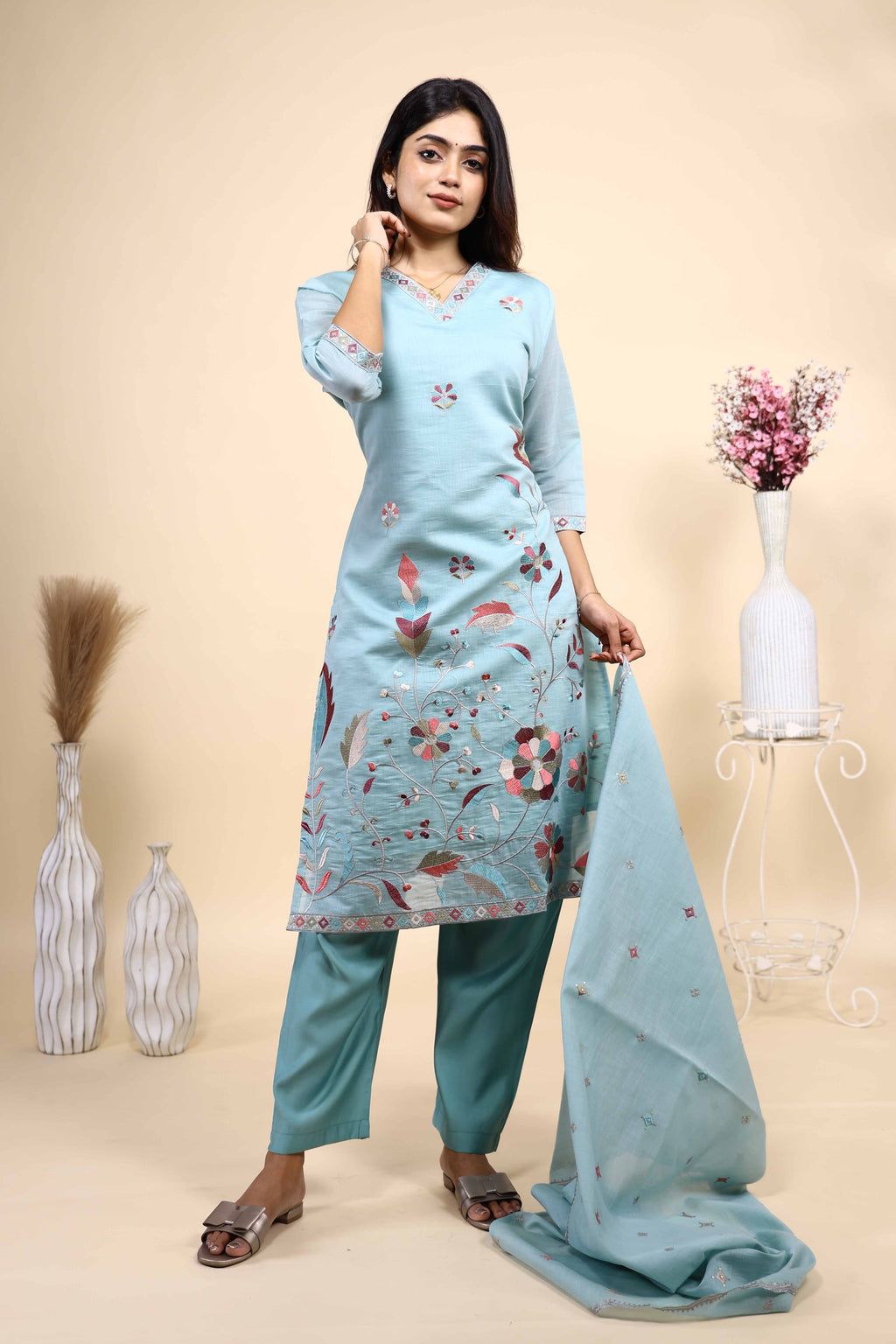 Sky Blue Floral Embroidered Kurta Set with Dupatta