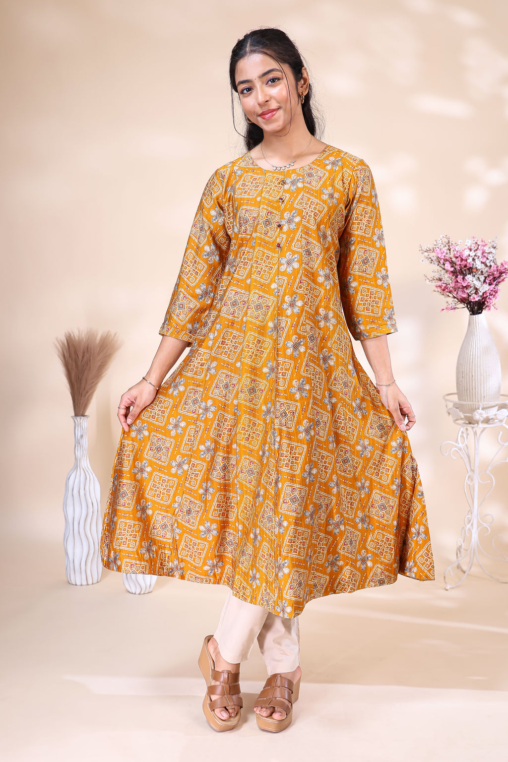 Mustard Yellow Ethnic Printed umbrella top